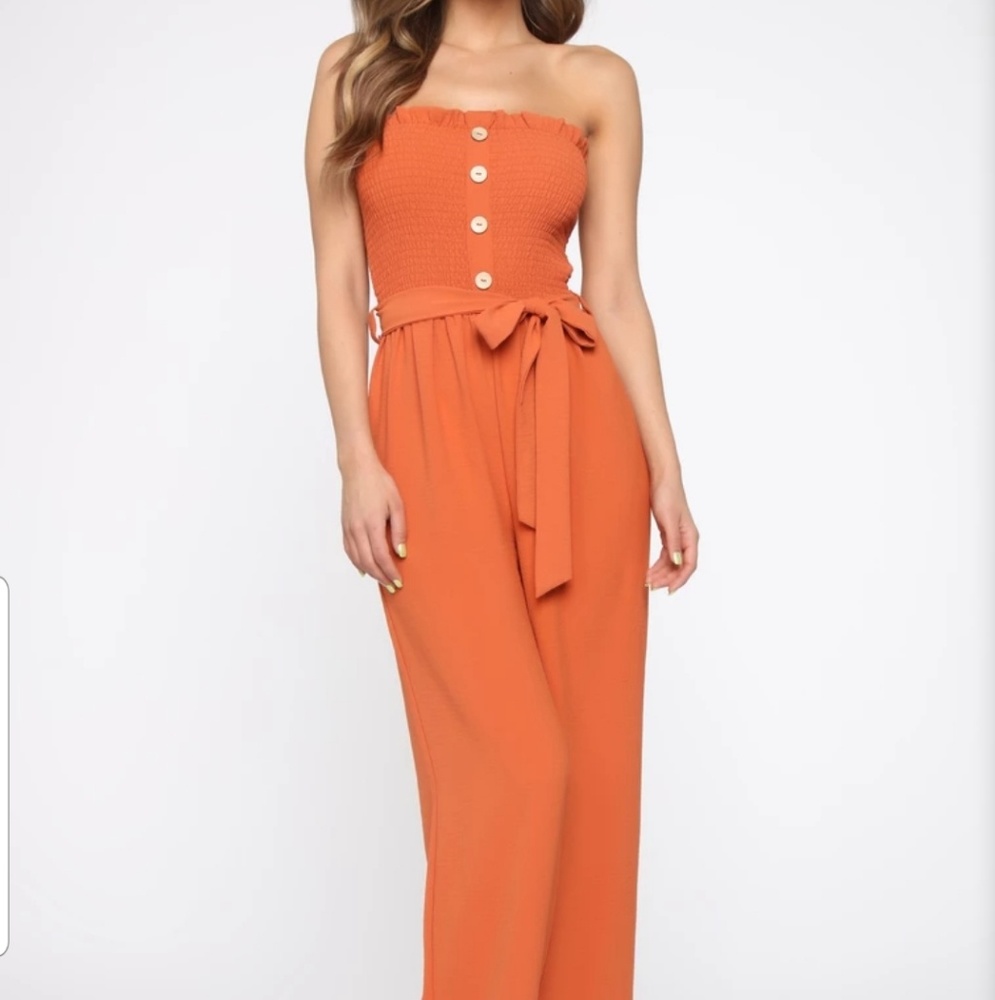 Rust Orange Smocked Jumpsuit